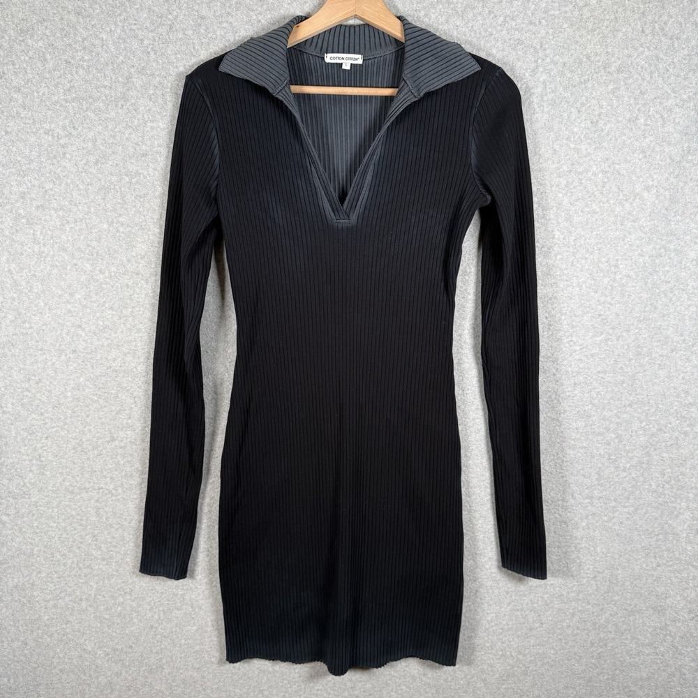 Cotton‎ Citizen Ibiza Polo Dress Womens Large Black Gray Midi Ribbed Long Sleeve